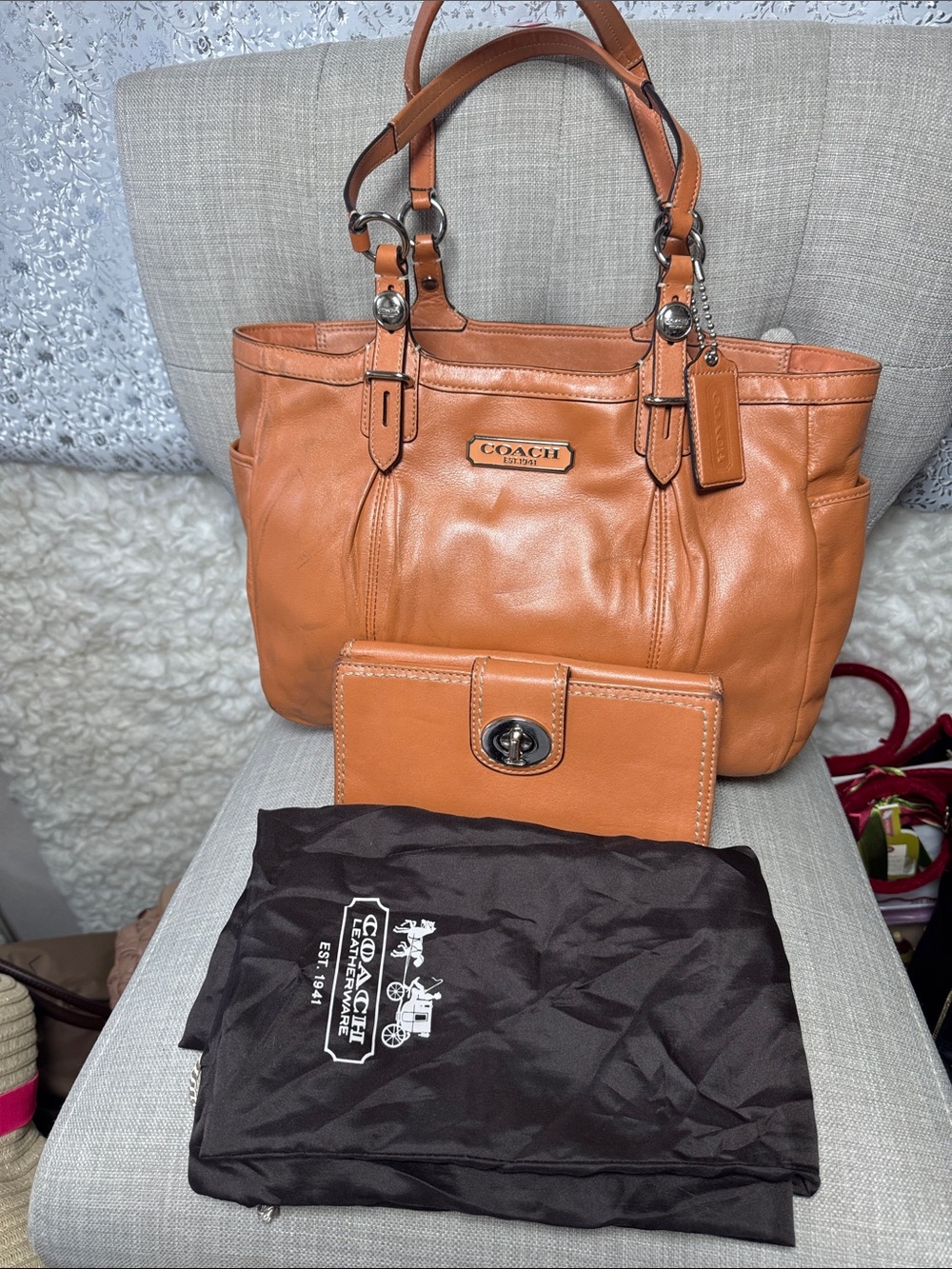 Coach Leather Tote and Wallet in Cognac Brown
